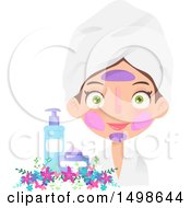 Caucasian Girl With Multiple Facial Masks On By Beauty Products And Flowers