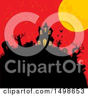 Clipart Of A Silhouetted Hill With A Haunted House Cat Jackolantern And Cemetery Under A Full Moon On Red Royalty Free Vector Illustration