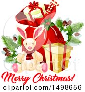 Poster, Art Print Of Merry Christmas Greeting With A Santa Sack With Gifts And Toys