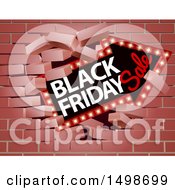 Poster, Art Print Of 3d Marquee Arrow Sign With Black Friday Sale Text Breaking Through A Brick Wall