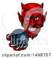 Clipart Of A Grinning Evil Red Devil Holding Out A Bowling Ball In A Clawed Hand Royalty Free Vector Illustration by AtStockIllustration