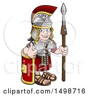 Poster, Art Print Of Cartoon Happy Roman Soldier Giving A Thumb Up Holding A Spear And Leaning On A Shield