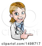 Clipart Of A Cartoon Friendly White Female Doctor Pointing Around A Sign Royalty Free Vector Illustration