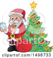 Christmas Santa Claus Enjoying A Snack Of Milk And Cookies By A Tree