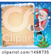 Poster, Art Print Of Christmas Santa Claus Climbing A Rope Over A Parchment Scroll