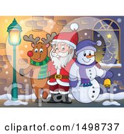 Poster, Art Print Of Christmas Santa Claus With A Reindeer And Snowman