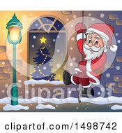 Poster, Art Print Of Christmas Santa Claus Climbing A Rope By A Window