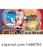 Poster, Art Print Of Christmas Santa Claus Enjoying A Snack Of Milk And Cookies By A Fireplace