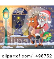 Clipart Of A Christmas Santa Claus Riding A Reindeer Royalty Free Vector Illustration