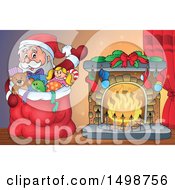 Poster, Art Print Of Christmas Santa Claus And Sack By A Fireplace
