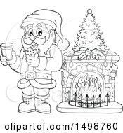 Poster, Art Print Of Black And White Christmas Santa Claus Enjoying A Snack Of Milk And Cookies