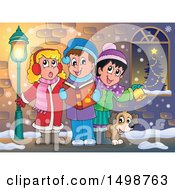 Clipart Of A Group Of Children Singing Christmas Carols On A Sidewalk Royalty Free Vector Illustration