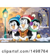 Clipart Of A Group Of Penguins Singing Christmas Carols On A Sidewalk Royalty Free Vector Illustration