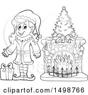 Poster, Art Print Of Black And White Female Christmas Elf By A Fireplace