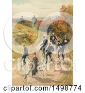 Lady On A Three Wheel Bicycle And Men Riding Penny Farthing High Wheelers On A Path C1887