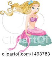 Clipart Of A Blond Mermaid Sitting On A Rock Royalty Free Vector Illustration
