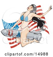Sexy Brunette Woman In A Stars And Stripes Bikini Riding A Rocket In Front Of An American Flag Clipart Illustration by Andy Nortnik #COLLC14988-0031