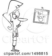 Clipart Of A Cartoon Lineart Woman Looking At A Crooked Painting Royalty Free Vector Illustration
