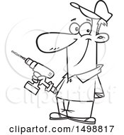 Clipart Of A Cartoon Lineart Handyman Holding A Cordless Drill Royalty Free Vector Illustration