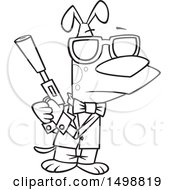 Clipart Of A Cartoon Lineart Secret Agent Dog Holding A Gun With A Silencer Royalty Free Vector Illustration