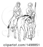 Clipart Of Virgin Mary On A Donkey And Joseph Black And White Royalty Free Vector Illustration
