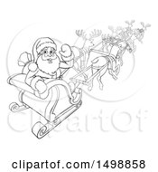 Poster, Art Print Of Black And White Santa Waving While Flying With Reindeer In His Sleigh