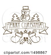 Clipart Of A Merry Christmas Banner With Holly Stockings Trees And A Snowman Royalty Free Vector Illustration