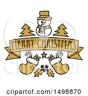 Poster, Art Print Of Merry Christmas Banner With Holly Stockings Trees And A Snowman