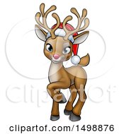 Poster, Art Print Of Cute Red Nosed Christmas Reindeer Wearing A Santa Hat