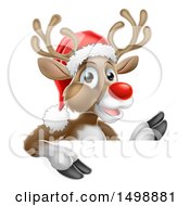 Clipart Of A Red Nosed Christmas Reindeer Over A Sign Royalty Free Vector Illustration
