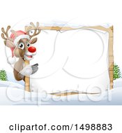 Clipart Of A Red Nosed Christmas Reindeer With A Blank Sign In A Winter Landscape Royalty Free Vector Illustration