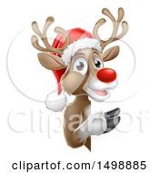 Poster, Art Print Of Red Nosed Reindeer Wearing A Christmas Santa Hat And Looking Around A Sign