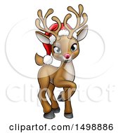 Poster, Art Print Of Cute Red Nosed Reindeer Wearing A Christmas Santa Hat