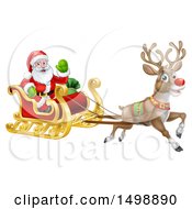 Poster, Art Print Of Christmas Santa Claus In A Flying Magic Sleigh With A Reindeer