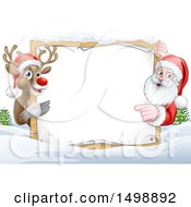 Poster, Art Print Of Christmas Santa Claus And Reindeer With A Blank Sign In A Snowy Landscape