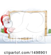 Clipart Of A Winter Landscape With Santa Pointing Around A Blank Sign Royalty Free Vector Illustration