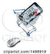 Clipart Of A 3d Computer Mouse And Smart Phone With Cyber Monday Sale Text On The Screen In A Shopping Cart Royalty Free Vector Illustration by AtStockIllustration