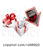 Clipart Of A 3d Marquee Arrow Sign With Cyber Monday Sale Text Springing Out Of A Gift Box Royalty Free Vector Illustration by AtStockIllustration