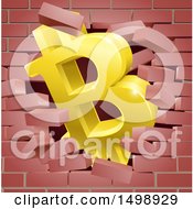 3d Gold Bitcoin Currency Symbol Breaking Through A Brick Wall