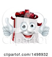 Clipart Of A 3d Christmas Gift Present Mascot Giving Two Thumbs Up Royalty Free Vector Illustration