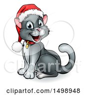 Poster, Art Print Of Happy Gray Cat Wearing A Christmas Santa Hat