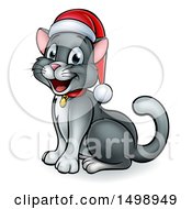 Poster, Art Print Of Happy Gray Cat Wearing A Christmas Santa Hat