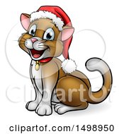 Poster, Art Print Of Happy Brown Cat Wearing A Christmas Santa Hat Sitting And Facing Left