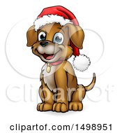 Poster, Art Print Of Cartoon Happy Sitting Puppy Dog Wearing A Santa Hat