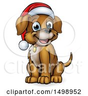 Poster, Art Print Of Cartoon Happy Sitting Christmas Puppy Dog Wearing A Santa Hat