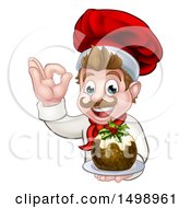 Happy White Male Chef Gesturing Ok And Holding A Christmas Pudding