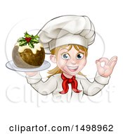 Clipart Of A White Female Chef Gesturing Ok And Holding A Christmas Pudding Royalty Free Vector Illustration