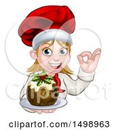 Poster, Art Print Of Happy White Female Chef Gesturing Ok And Holding A Christmas Pudding