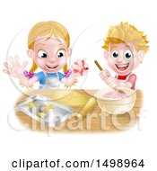 Poster, Art Print Of Cartoon Happy Girl And Boy Making Pink Frosting And Star Shaped Cookies