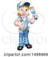 Cartoon Full Length Happy White Female Painter Holding Up A Brush And Thumb
